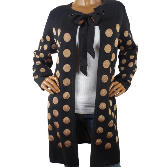 CHICO'S Top L Sz 2 Black/Tan Dot Long Cardigan Sweater Ribbon Tie Heavyweight - Picture 2 of 14